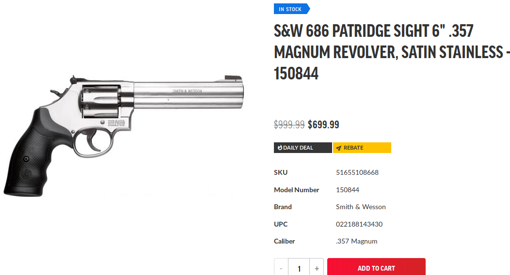 S W 686 Patridge Sight 6 357 Magnum Revolver, Satin Stainless - 150844.png