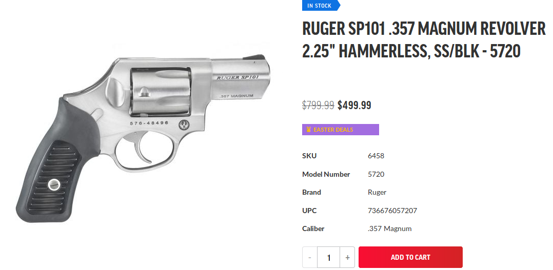 Ruger SP101 357 Magnum Revolver 2 25 Hammerless, SS BLK - 5720.png