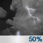 Tonight: A 50 percent chance of showers and thunderstorms.  Mostly cloudy, with a low around 69. East southeast wind 5 to 10 mph.  New rainfall amounts between a quarter and half of an inch possible. 